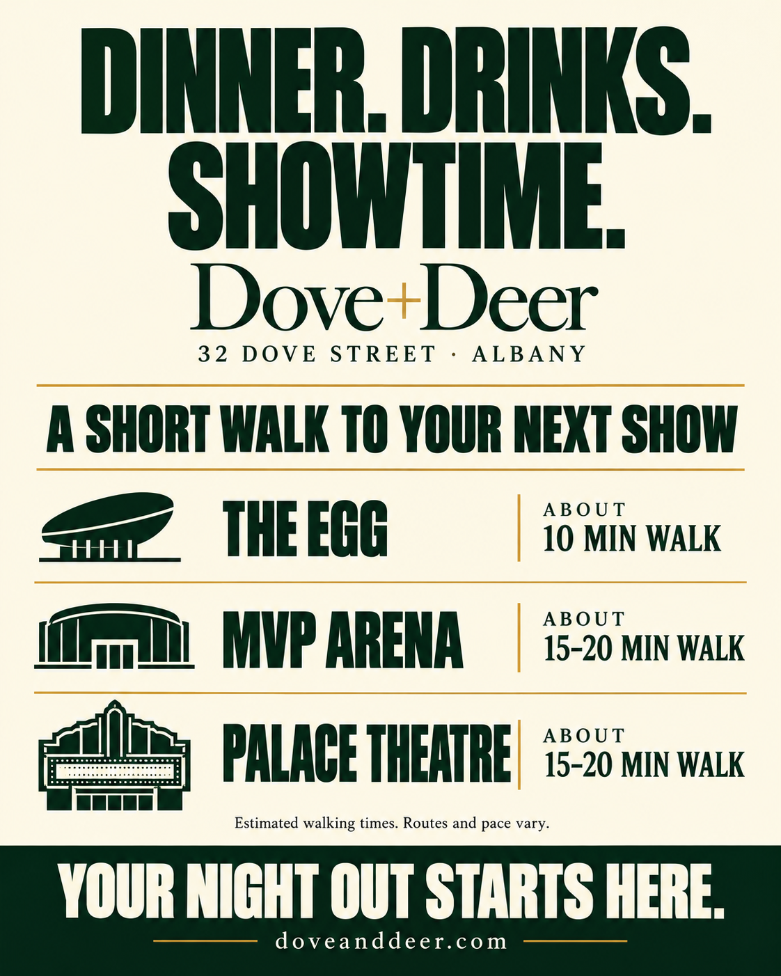 Dinner. Drinks. Showtime. Dove + Deer, 32 Dove Street, Albany. Estimated walks: The Egg, about 10 minutes; MVP Arena and Palace Theatre, about 15–20 minutes. Routes and pace vary. Your night out starts here.